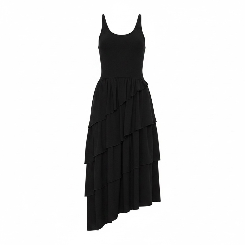 Zara Dress Womens Large Black Ribbed Tiered Ruffle Asymmetrical Sleeveless Midi